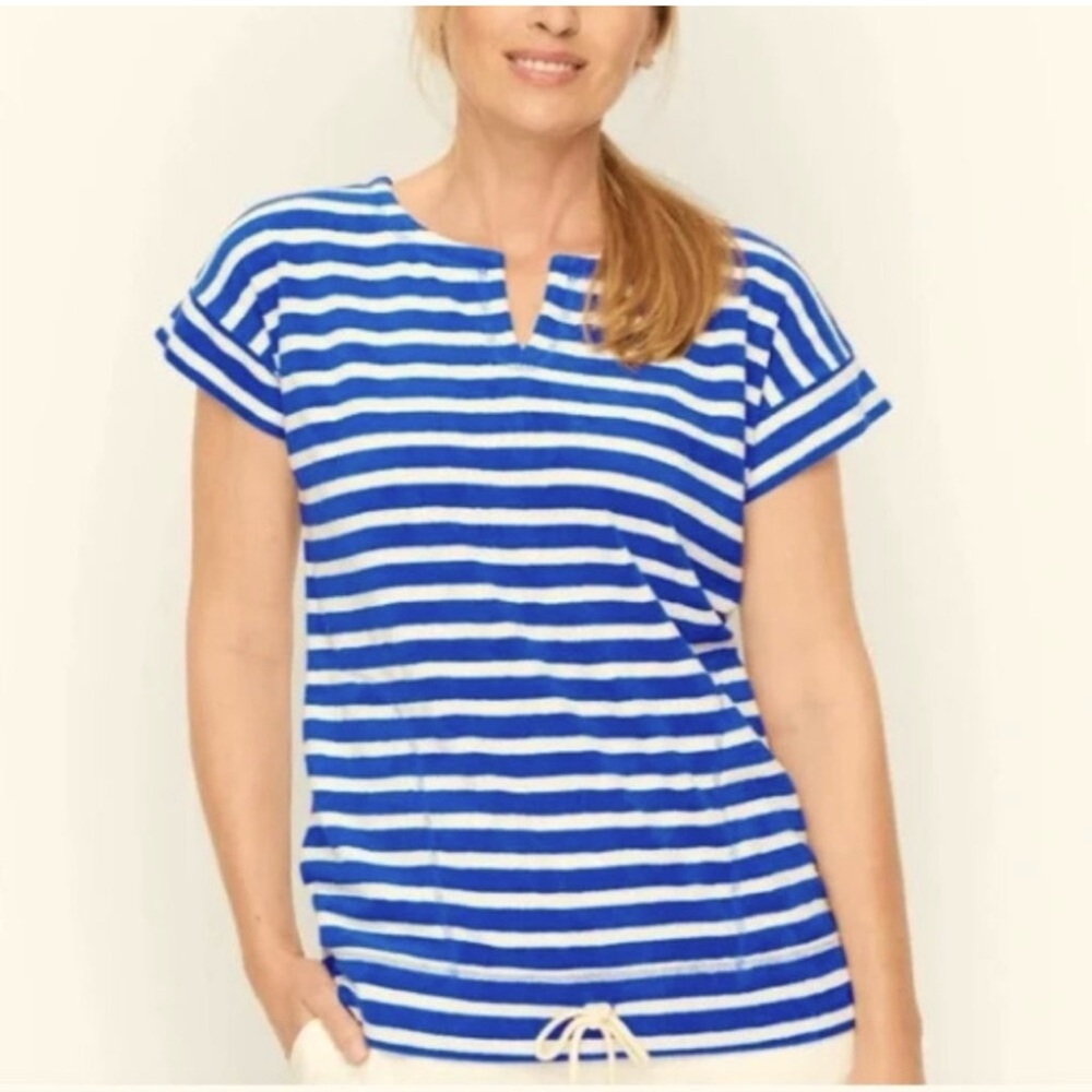 Talbots Blue & White Striped Terrycloth Short Sleeve Top Drawstring Hem, LPetite